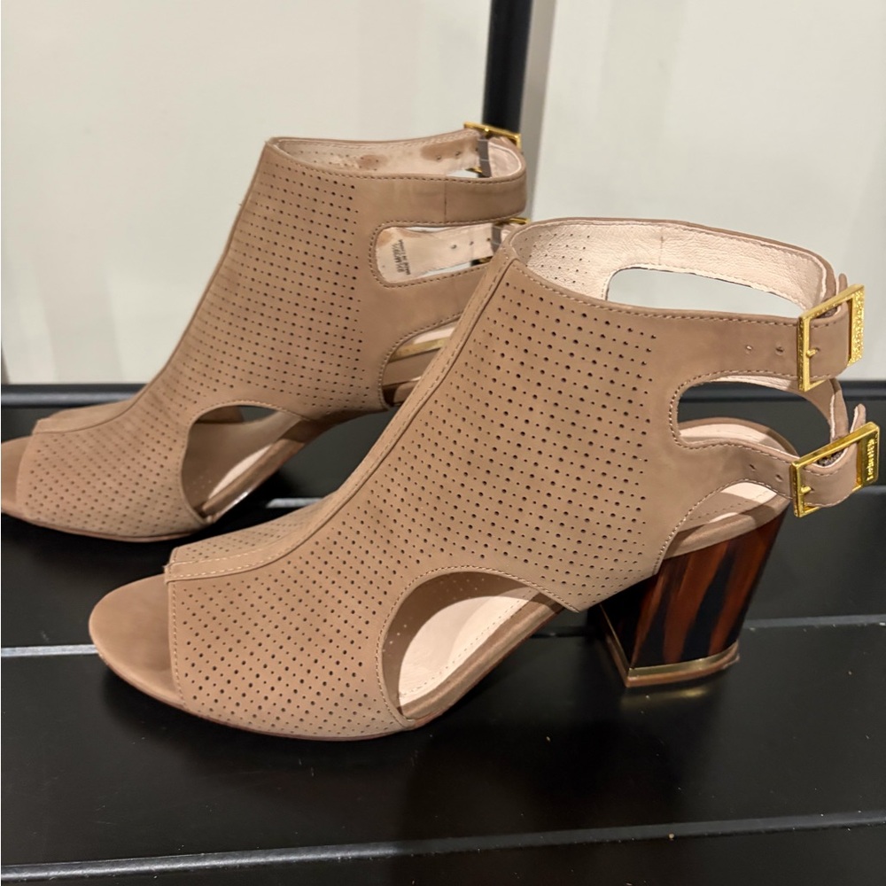 Louise et Cie Women’s Taupe Perforated Block Heel Sandal with Gold Buckles - 9.5